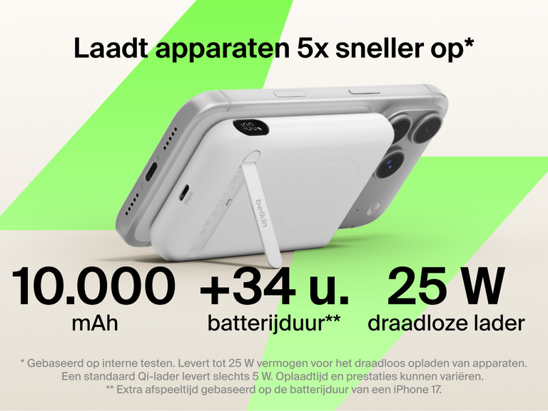 Belkin UltraCharge Pro Power Bank 10K with magnetic ring attached to a smartphone, highlighting up to 25W wireless fast charging, 10,000 mAh capacity, extended battery life, and built-in kickstand for hands-free use.