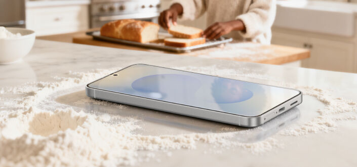 Smartphone lying face up on a kitchen countertop dusted with flour, with a person slicing bread on a cutting board in the background.
