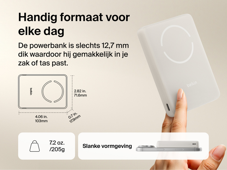 Slim Magnetic Power Bank 10K with Qi2 shown in hand and next to smartphone highlighting slim size and portability dimensions