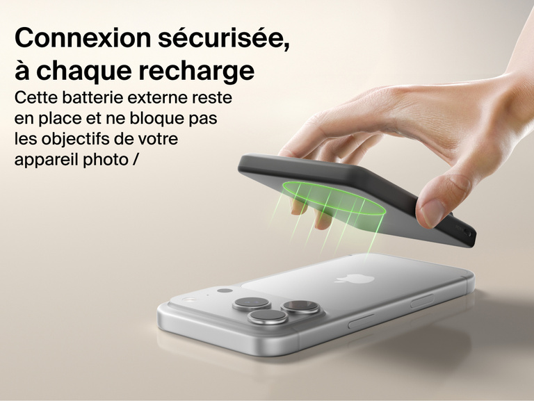 Belkin BoostCharge Slim Magnetic Power Bank 5K with Qi2 featuring a secure magnetic ring that aligns accessories and attaches firmly without obstructing the phone camera.