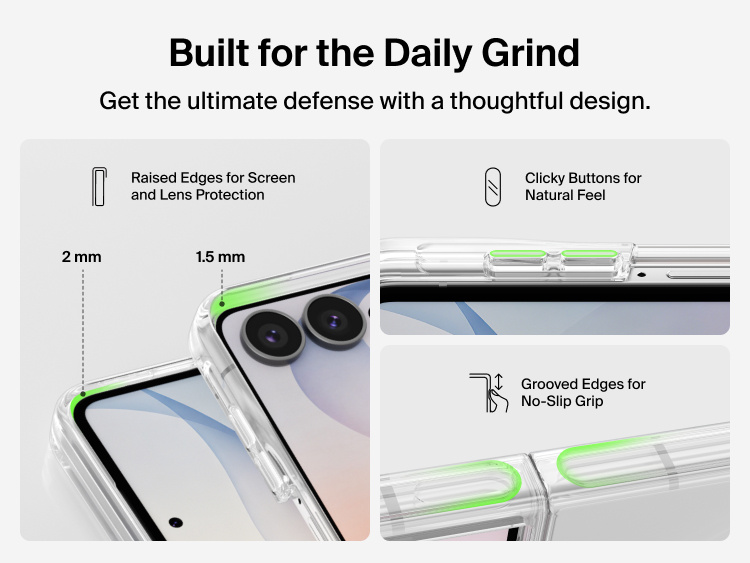 Belkin Clear Series Case for Samsung Galaxy Z Flip8 features raised screen and camera edges, responsive buttons, and grooved edges for a secure no-slip grip.