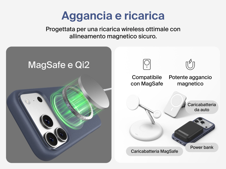 Custodia Belkin SheerForce Protect Series per iPhone 17 con bordi rialzati per la protezione dello schermo e della fotocamera, e design appositamente pensato per garantire una ricarica wireless magnetica ottimale.