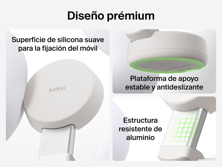 El cargador magn&eacute;tico convertible 2 en 1 con Qi2 de 25 W Belkin UltraCharge Pro incluye un soporte de silicona suave, una resistente estructura de aluminio y una base lastrada antideslizante que te proporcionan una experiencia de carga pr&eacute;mium.