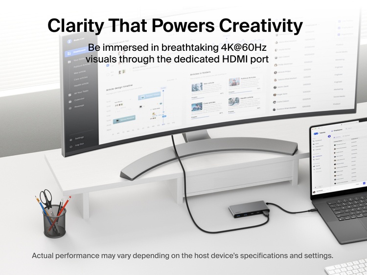 Belkin Connect 7-Port USB-C Hub with Dual USB-C Ports connected to a laptop and monitor delivering 4K@60Hz visuals via HDMI.