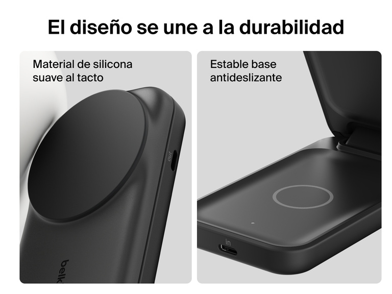 Primer plano del cargador magnético plegable 2 en 1 con Qi2 25W Belkin UltraCharge. Provisto de material de silicona suave y una base lastrada antideslizante para proporcionar una mayor durabilidad y seguridad.