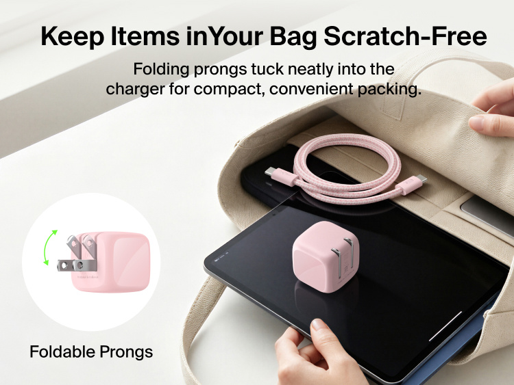 Belkin BoostCharge Compact USB-C Charger 30W with folding prongs and braided USB-C cable packed with a tablet in a bag for convenient travel.