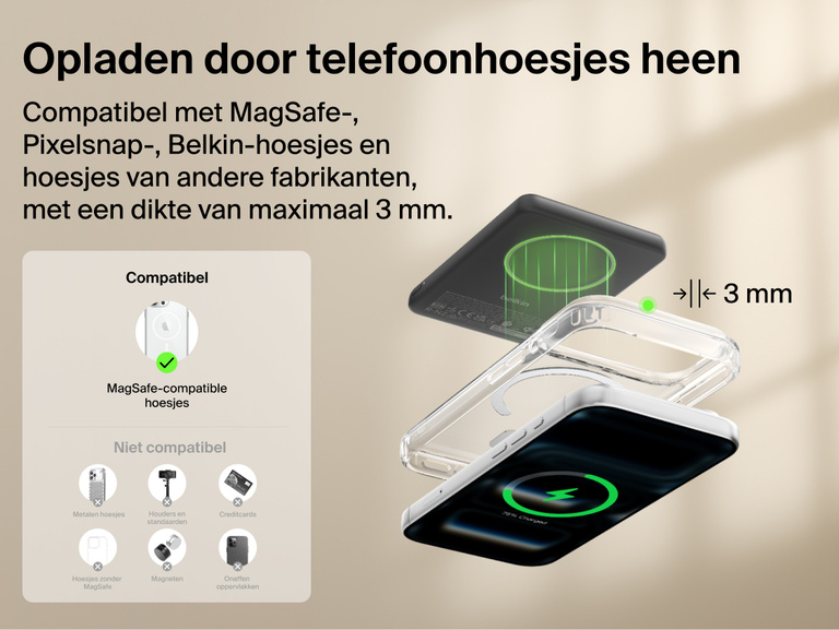 Belkin BoostCharge Slim Magnetic Power Bank 5K with Qi2 wirelessly charging a smartphone through a MagSafe-compatible case up to 3 mm thick for convenient everyday use.