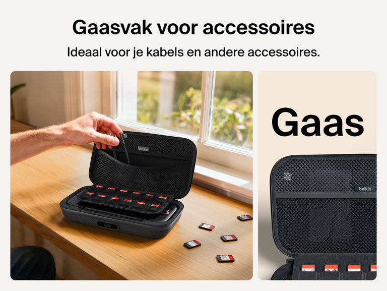 Belkin Gaming Charging Case Pro for Nintendo Switch 2 shown with mesh utility pocket for storing charging cables, accessories, and gaming essentials.
