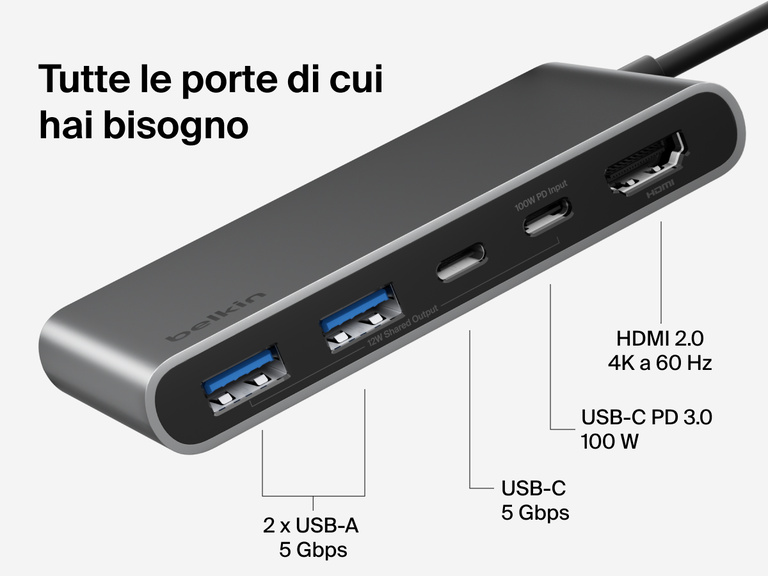 Belkin Connect 5-Port USB-C Hub with Dual USB-C Ports includes HDMI 2.0 4K@60Hz, USB-C PD 3.0 100W, USB-C 5Gbps, and dual USB-A 5Gbps ports.