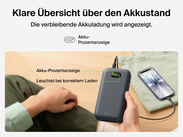 UltraCharge Pro Laptop Power Bank 27K with digital battery percentage display showing real-time power levels while charging a smartphone