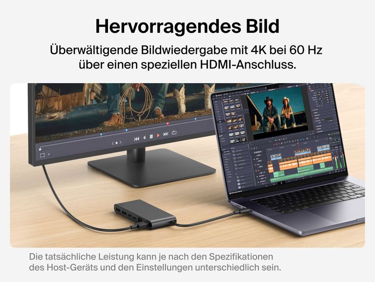 Belkin Connect 8-Port USB-C Hub mit 2,5 Gb Ethernet Port, der einen Laptop über HDMI mit einem externen Bildschirm verbindet, auf dem ein Bild mit 4K bei 60 Hz zu sehen ist, das die großartige Wiedergabe veranschaulicht.