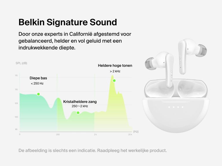 Afbeelding van Belkin Signature Sound Rhythm earbuds met actieve ruisonderdrukking met een grafiek die de Belkin Signature Sound-afstemming toont voor diepe bas, kristalheldere zang en heldere hoge tonen, ontworpen voor meeslepende geluid van hoge kwaliteit.