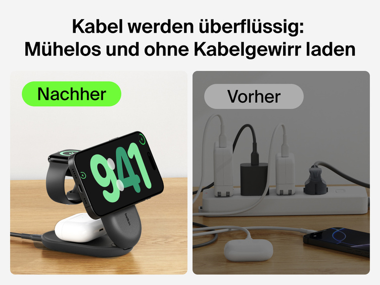 Die Belkin UltraCharge faltbare magnetische 3-in-1-Ladestation mit Qi2 25W wird beim Laden mehrerer Geräte gezeigt und mit einer anderen Ladelösung mit Kabelgewirr verglichen.