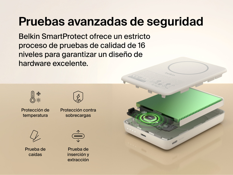 Belkin BoostCharge Slim Magnetic Power Bank 10K internal components showcasing SmartProtect safety system with temperature control, overcharge protection, drop testing, and plug and unplug durability testing