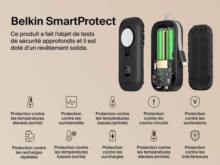 Image de la batterie externe 10K Belkin BoostCharge&nbsp;Pro avec module de recharge pour Apple&nbsp;Watch et de la technologie Belkin SmartProtect qui offre une protection contre la surcharge, les courts-circuits, la surchauffe et la surtension.