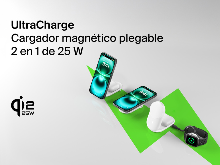 Se muestra el cargador magnético plegable 2 en 1 con Qi2 25W Belkin UltraCharge cargando un iPhone, unos AirPods y un Apple Watch y emplazado como un soporte elegante y compacto.