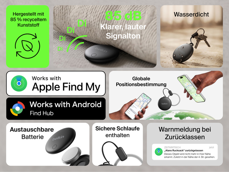 Der Belkin SureFind Spot zeichnet sich durch folgende Merkmale aus; Kompatibilit&auml;t mit Apple &bdquo;Wo ist?&ldquo; und Google &bdquo;Mein Ger&auml;t finden&ldquo;, globale Ortungsfunktion, 85-dB-Signalton, austauschbare Batterie, Wasserschutz und sichere Schlaufe.