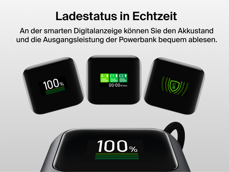 Nahaufnahme der UltraCharge Powerbank 11K mit einziehbarem Kabel, deren intelligentes digitales Display nacheinander den Akkustand in Prozent, die Ausgangsleistung in Watt und die Temperatur anzeigt.