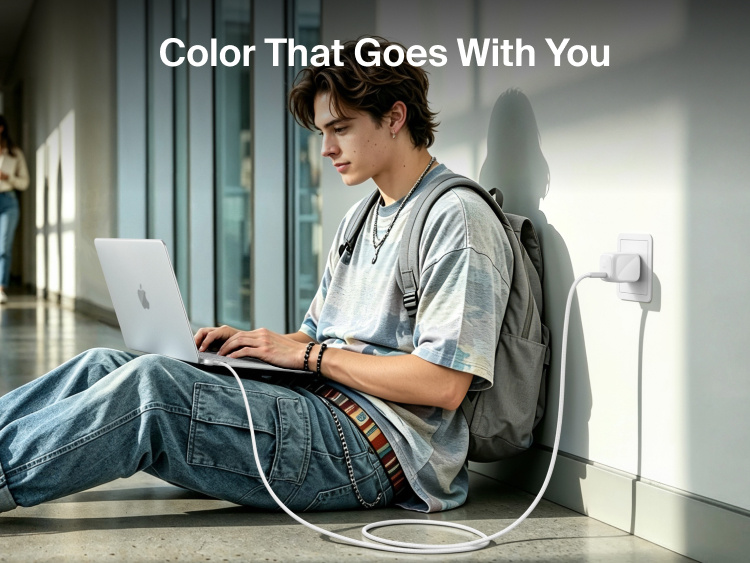 Student using a MacBook Neo while charging with the Belkin BoostCharge Compact USB-C Charger 30W and braided USB-C cable in a hallway.