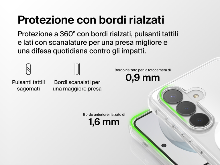 Belkin SheerForce Clear Series Case for Samsung Galaxy S26 shown with elevated edge protection, featuring raised front and camera edges, tactile buttons, and grooved sides for enhanced grip and impact protection.