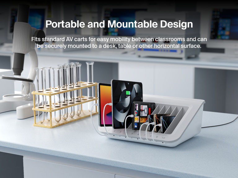 The Belkin Store and Charge Station is displayed on a science lab counter charging multiple tablets and smartphones, emphasizing its portable, mountable design ideal for educational and STEM classroom environments.