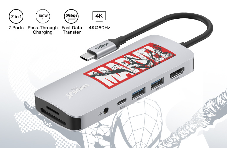 Image showing the Belkin Connect 7-in-1 USB-C Multiport Hub with labeled features including 4K@60Hz display, 100W pass-through charging, 5Gbps data transfer, and seven connectivity ports.