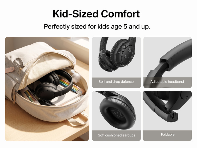 SoundForm Play Active Noise Cancelling Headphones for Kids packed inside a backpack, next to close-up shots of the water-resistant earcups, adjustable headband, soft cushioned earcups, and foldable design