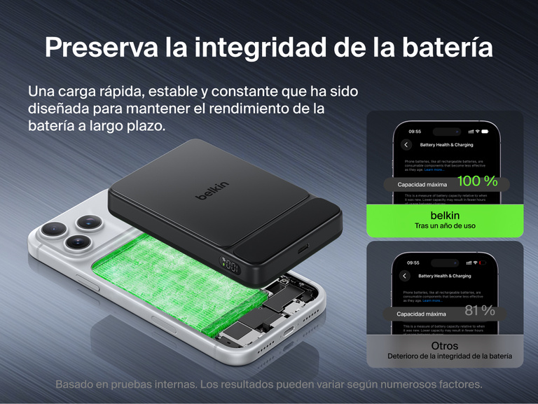 Belkin UltraCharge Slim Magnetic Power Bank 10K highlighting dual chip system, advanced temperature sensors, and real-time monitoring for enhanced charging safety and protection