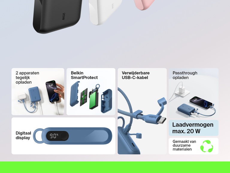 Informatieve afbeelding met productkenmerken van de Belkin BoostCharge 10.000mAh-powerbank met display, waaronder een uitgangsvermogen van 20 W, opladen van twee apparaten, digitaal batterijdisplay, afneembare USB-C-kabel, passthrough-opladen, Belkin SmartProtect en duurzame materialen.