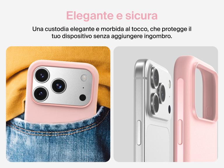 Immagine della custodia Belkin SheerForce Protect Series per iPhone 17 con pulsante touch per la fotocamera e design a strati per garantire un aggancio magnetico ottimale e una protezione durevole.