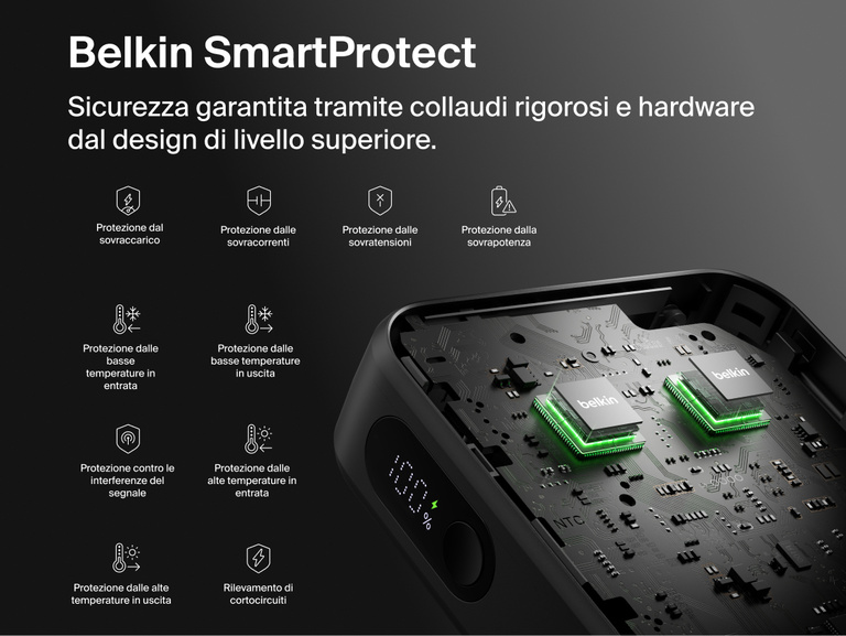 Belkin UltraCharge 20K 45W power bank with integrated cable featuring SmartProtect safety system with multi-layer protection for secure and reliable charging