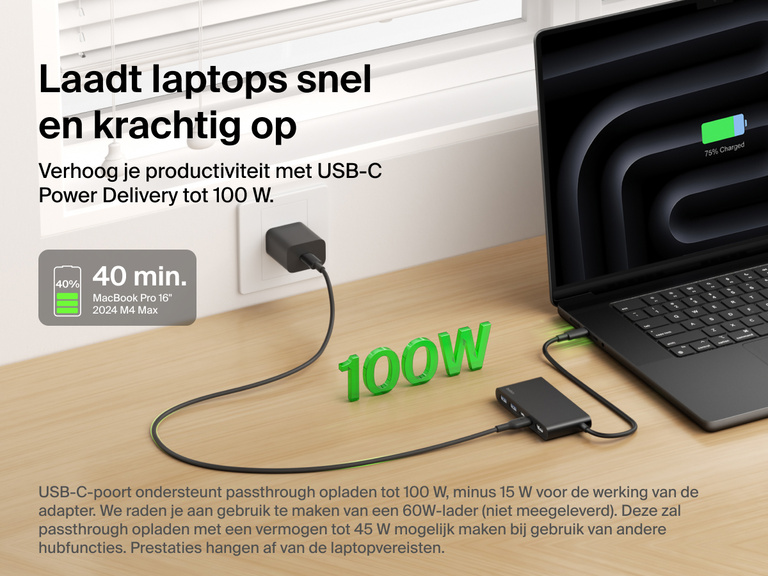 Belkin Connect 5-Port USB-C Hub with Dual USB-C Ports delivers fast laptop charging with up to 100W USB-C Power Delivery.