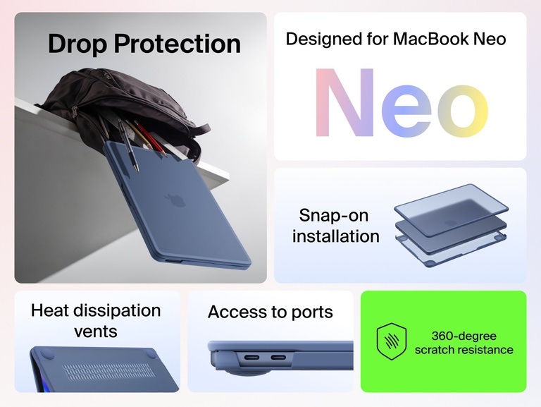 Hard Shell Case for MacBook Neo with drop protection, scratch resistance, heat vents, port access, and snap-on installation