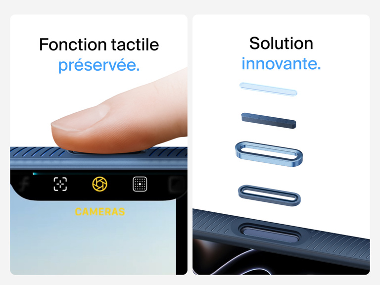 Belkin SheerForce Grip Series Case for iPhone 17 with MagSafe ring, raised edges, and floating tinted buttons for precision protection.