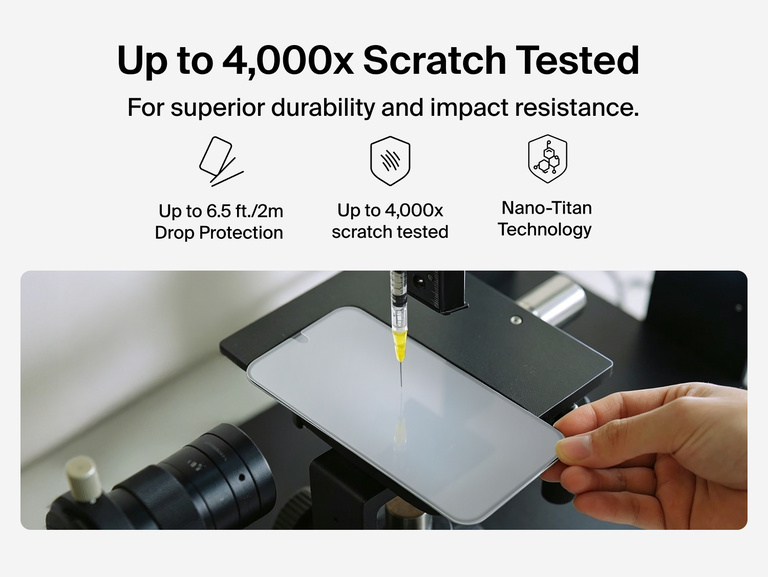 Belkin Titan SmartShield Anti-Reflective Screen Protector for Google Pixel 11 demonstrating up to 4,000x scratch-tested durability with Nano-Titan technology.
