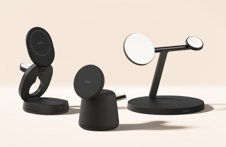 Belkin magnetic wireless charging stands and pads displayed for the Build Your Own Bundle promo, featuring customizable tech accessories for iPhone and Apple Watch charging.