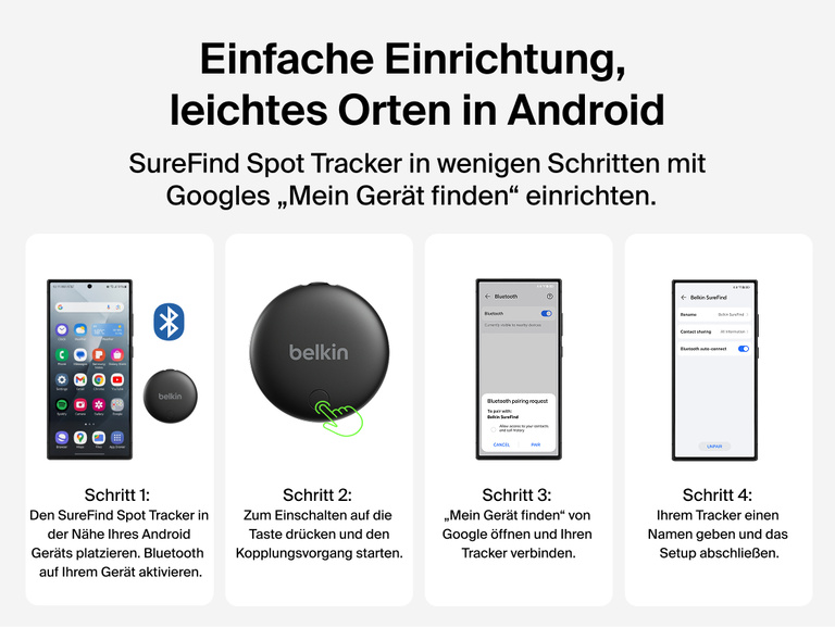 Der Belkin SureFind Spot Tracker, der an Schl&uuml;sseln befestigt ist, veranschaulicht Benachrichtigungen &uuml;ber zur&uuml;ckgelassene Gegenst&auml;nde, wenn sich ein verfolgtes Ger&auml;t nicht mehr in der N&auml;he befindet.