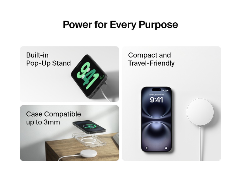 Belkin BoostCharge Proマグネット式ワイヤレス充電パッド（Qi2 15W、ブラック）のさまざまな使用シーンが示されています。内蔵のポップアップ式スタンド、コンパクトで持ち運びやすいデザイン、厚さ最大3mmのケースに対応可能な互換性を特徴としています。