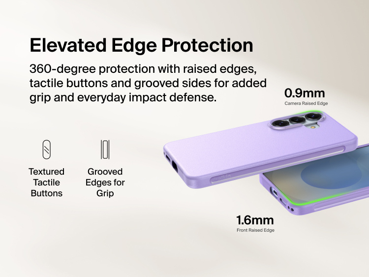 Belkin SheerForce Protect Series Case for Samsung Galaxy S26 featuring elevated edge protection with raised camera and screen edges, tactile buttons, and grooved sides for enhanced grip and everyday impact defense.