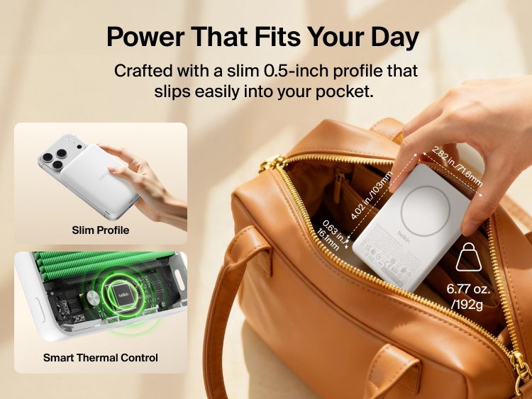 Belkin BoostCharge Slim 纖薄的磁吸式行動電源 10K，厚度僅為 0.5 吋，可輕鬆放入包中，凸顯其隨身式設計以及智慧溫控功能。