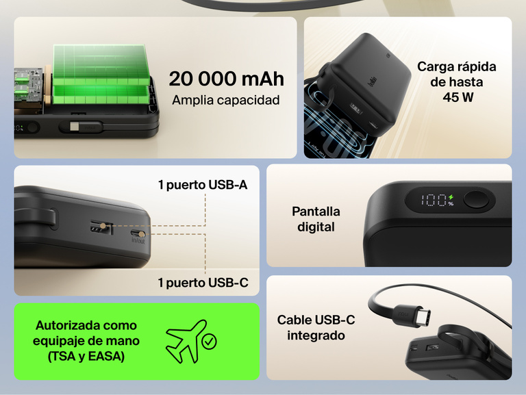 Belkin UltraCharge 20K 45W power bank with integrated USB-C cable, digital display, dual ports, and high-capacity battery for fast, travel-ready charging