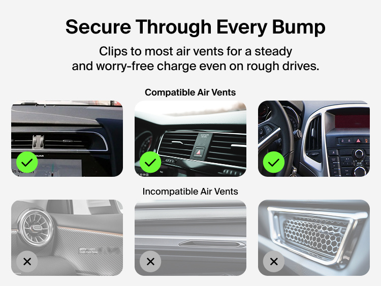 Belkin BoostCharge Magnetic Wireless Charging Car Vent Mount shown with compatible vertical and horizontal air vents and incompatible circular, very thin, and mesh-style vents.