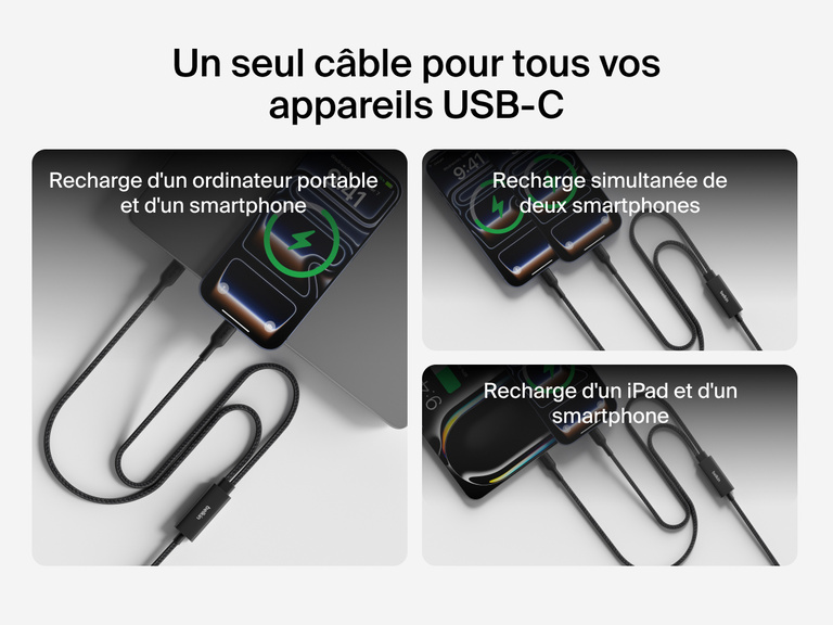 Image du c&acirc;ble &agrave; gaine tress&eacute;e Belkin BoostCharge&nbsp;Pro USB-C vers double USB-C rechargeant un ordinateur portable et un t&eacute;l&eacute;phone, deux&nbsp;t&eacute;l&eacute;phones, ou une tablette et un t&eacute;l&eacute;phone, jusqu'&agrave; 140&nbsp;W.