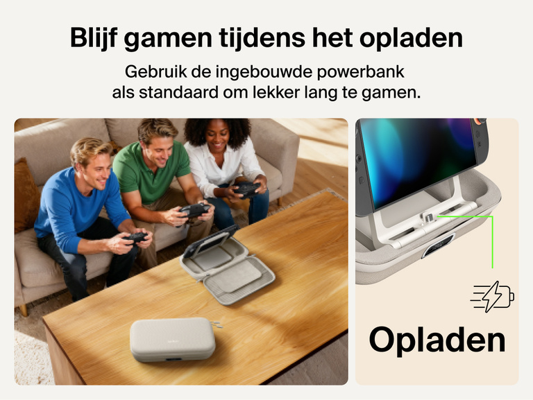 Belkin Gaming Charging Case Pro for Nintendo Switch 2 shown playing while charging with built-in power bank stand enabling uninterrupted tabletop gameplay.