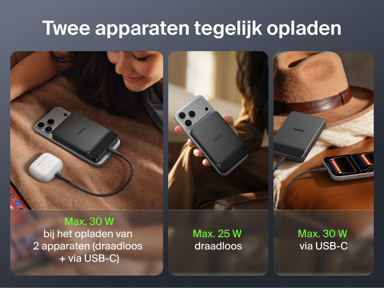 Belkin UltraCharge Slim Magnetic Power Bank 10K shown powering devices across everyday carry, work, travel, and business use scenarios with magnetic wireless charging and portable design