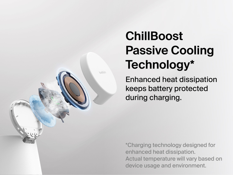 Belkin UltraCharge Modular Charging Dock with Qi2 25W illustrating ChillBoost passive cooling technology designed to enhance heat dissipation and help protect device batteries during fast wireless charging.