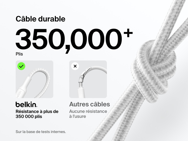 Close-up of the Belkin BoostCharge Pro USB-C to USB-C Braided Cable 240W tied in a knot, highlighting its 350,000+ bend lifespan and durability compared to standard cables.