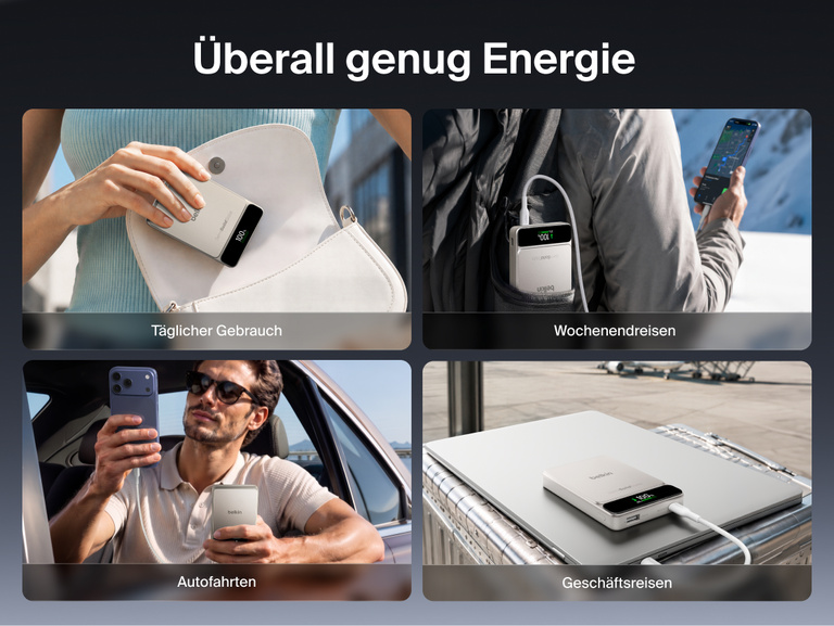 Die Belkin UltraCharge Pro Powerbank 10K mit BoostSolid-Zelle wird als idealer Begleiter f&uuml;r den t&auml;glichen Gebrauch, Wochenendreisen, den Arbeitsweg in der Stadt und Gesch&auml;ftsreisen im Flugzeug gezeigt, wobei die TSA-Konformit&auml;t hervorgehoben wird.