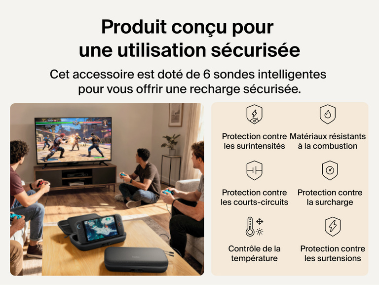 Belkin Gaming Charging Case Pro for Nintendo Switch 2 shown in a living room setup highlighting engineered safety features including temperature monitoring, overvoltage protection, overload detection, and fire-resistant materials.