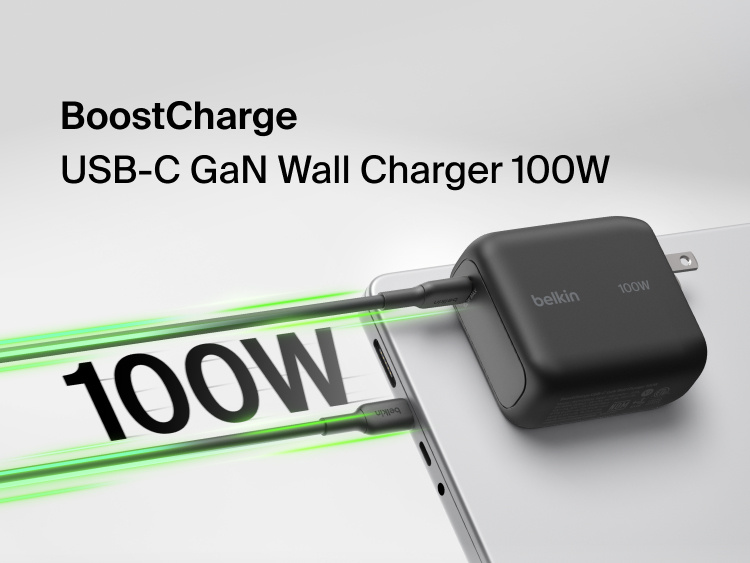 BoostCharge USB-C GaN Wall Charger 100W connected to a USB-C cable with 100W fast charging graphic for laptops, tablets, and smartphones